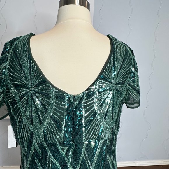 R&M Richards Elegant Evening Dress Womens Plus Green Sequined Long V-Neckline - Picture 14 of 16